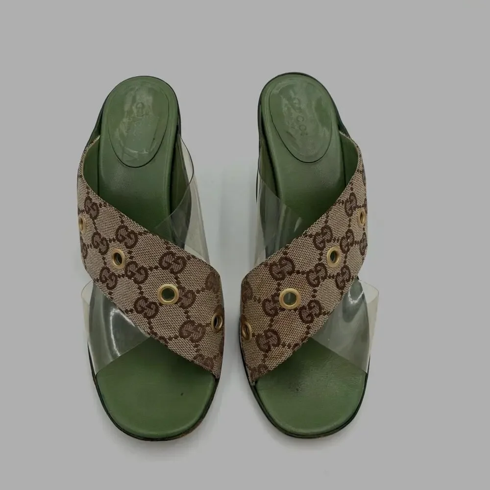 8.5 Vintage Gucci GG Monogram Canvas PVC Green & Brown Mules